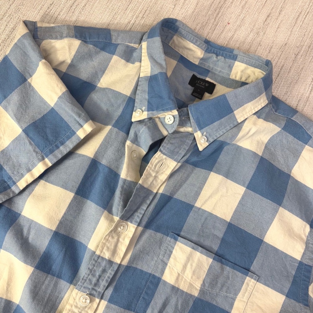 J.Crew Oxford Shirt Mens Large‎ Blue White Buffalo Check Button Down Long Sleeve